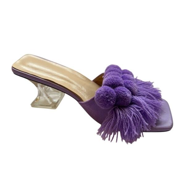 Women's Mules Clear Heels Pom Pom Tassel purple Size 6.5 - Picture 2 of 9